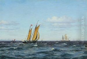 Seascape With Sailing Ships At Sea by Vilhelm Karl Ferdinand Arnesen