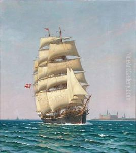 Seascape With The Danish Training Ship Georg Stage Near Kronborg Castle by Vilhelm Karl Ferdinand Arnesen