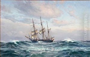 Seascape With Sailing Ship In High Waves by Vilhelm Karl Ferdinand Arnesen