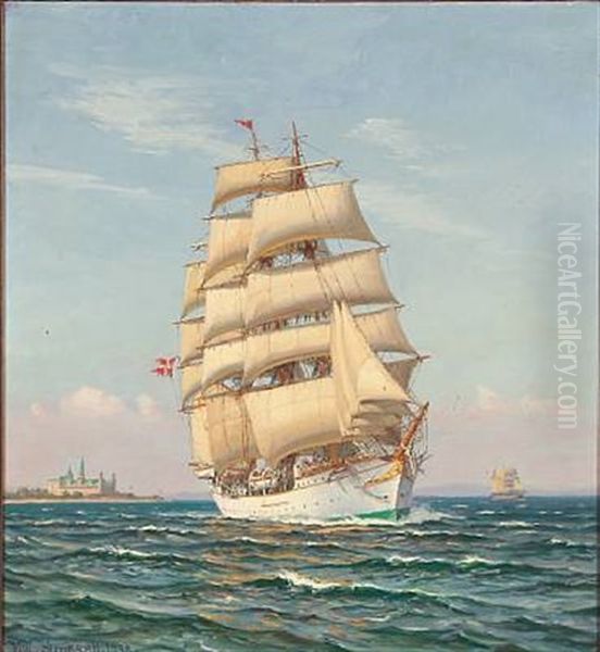 Seascape With The Danish Training Ship Danmark And Kronborg Castle In The Background - view 1