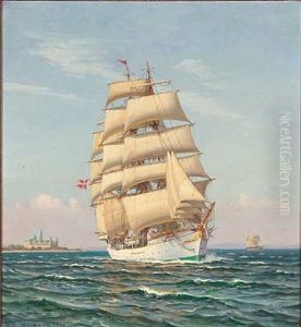 Seascape With The Danish Training Ship Danmark And Kronborg Castle In The Background by Vilhelm Karl Ferdinand Arnesen
