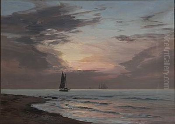Coastal Scene With Sailing Ships At Sunset - view 1