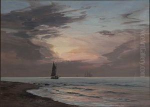 Coastal Scene With Sailing Ships At Sunset by Vilhelm Karl Ferdinand Arnesen