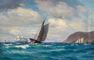 Seascape With Sailing Ships In High Waves by Vilhelm Karl Ferdinand Arnesen