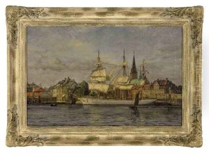 A Danish Schooner In A Harbor by Vilhelm Karl Ferdinand Arnesen