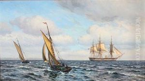 Seascape With The Frigate Jylland And Sailing Ships In The Great Sound by Vilhelm Karl Ferdinand Arnesen