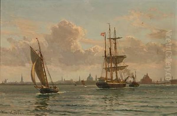 Coastal Scene From Copenhagen With Sailing Ships Near The Coast - view 1