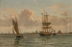 Coastal Scene From Copenhagen With Sailing Ships Near The Coast by Vilhelm Karl Ferdinand Arnesen