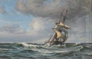 Ship In High Seas Where The Crew Are Heading In The Rig For Bringing Down The Sails by Vilhelm Karl Ferdinand Arnesen