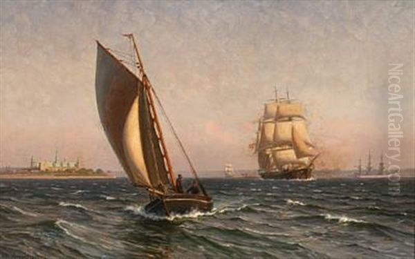 Marine With Smaller And Larger Sailing Ships Near Elsinore Castle - view 1