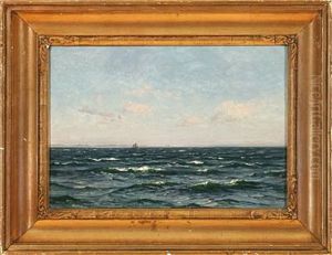 Marine In Calm Weather, In The Background A Sailing Ship Near A Coast by Vilhelm Karl Ferdinand Arnesen