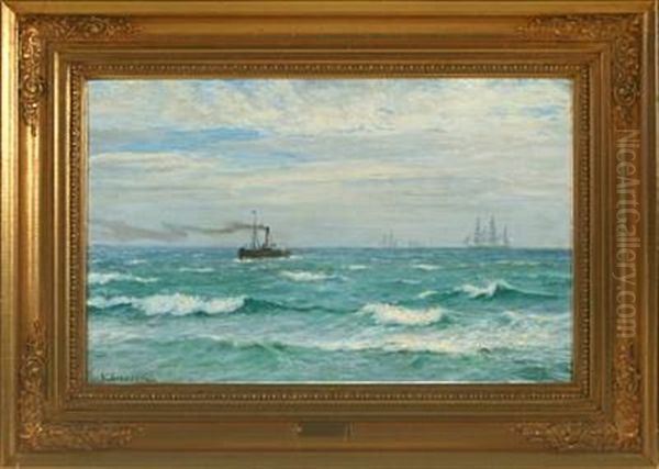 Seascape With Sailing Ship And Motor Boat - view 1