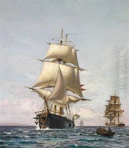 Tre Fuldriggere Og En Jolle Ud For Kysten by Vilhelm Karl Ferdinand Arnesen