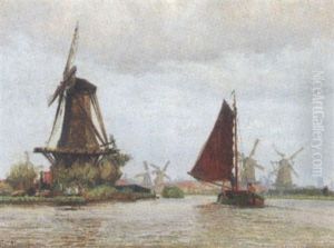 Landskab Med Vindmoller Og Sejlskib Pa Kanal by Vilhelm Karl Ferdinand Arnesen