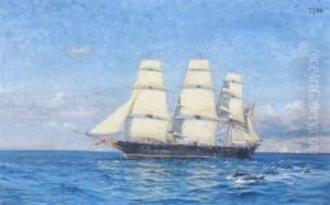 Tremastet Sejlskib Gaende I Middelhavet For Fulde Sejl by Vilhelm Karl Ferdinand Arnesen