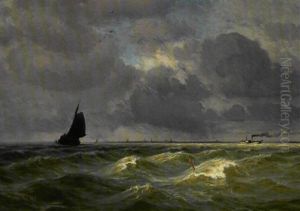Sejlbade Og Dampskib Ud For Den Hollandske Kyst