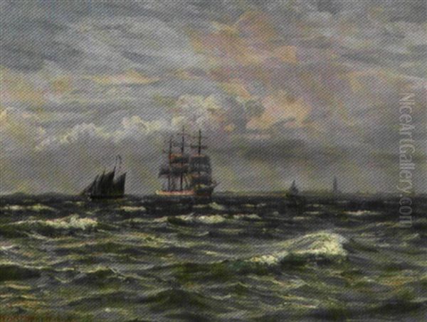 Marine Med Tremaster Og Andre Sejlskibe Pa Havet - view 1
