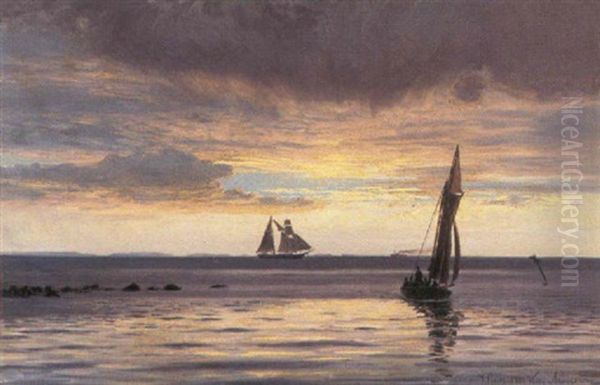 Sejlskibe Pa Havet Ved Solnedgangstide - view 1