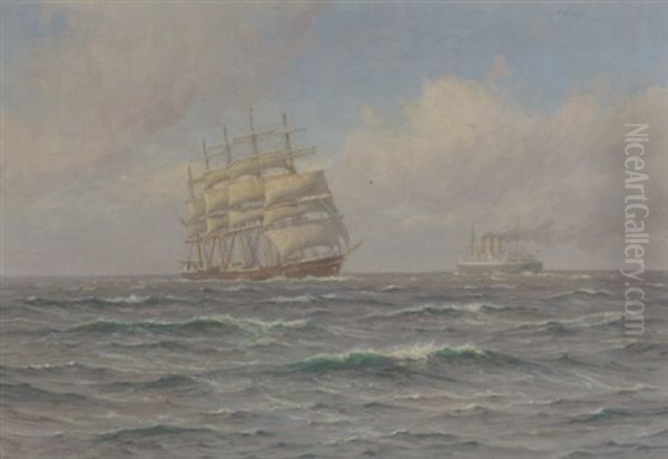 Et Mode. Verdens Storste Sejlskib "kjobenhavn" Moder Verdens Storste Dampskib "majestic" Pa Atlanten - view 1