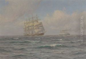 Et Mode. Verdens Storste Sejlskib "kjobenhavn" Moder Verdens Storste Dampskib "majestic" Pa Atlanten