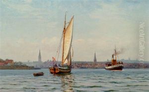Indsejling Til Flensborg Havn Med Sejlbad Og Faerge by Vilhelm Karl Ferdinand Arnesen