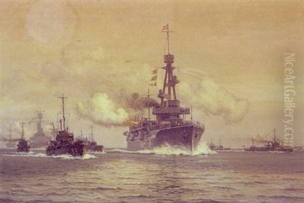 Den Danske Eskadre Giver Kongesalut For Hans Majestaet Christian X Pa Arhusbugten 1928 - view 1