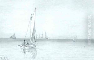 Marine Med Sejlskibe, I Forgrunden Fiskerbad Med Figurer by Vilhelm Karl Ferdinand Arnesen