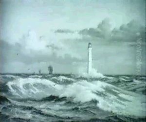 Oprort Hav, Skibe Pa Havet, I Forgrunden Fyrtarn by Vilhelm Karl Ferdinand Arnesen