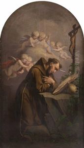 Der Hl. Franz Von Assisi Kniend Vor Buch Und Kruzifix
