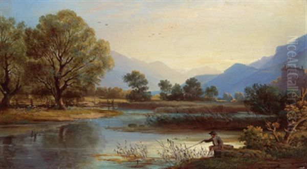 Angler Am Fluss, Im Hintergrund Schloss Tratzberg B. Schwaz Im Inntal - view 1