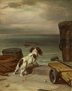 Ein Spaniel An Der Mole Blickt Sehnsuchtig Nach Einem Abfahrendem Schiff by Carl Johann Arnold
