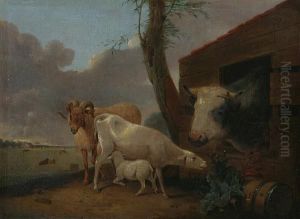 Sheep And Bullock On A Riverbank by Johann Adam Ackermann