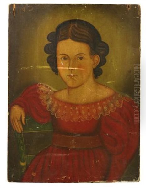 Portrait Of A Charming Young Girl In A Red Dress With Flounced Collar And Jeweled Pin - view 1