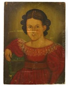Portrait Of A Charming Young Girl In A Red Dress With Flounced Collar And Jeweled Pin by John James Trumbull Arnold