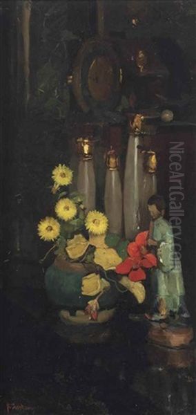 A Still Life With An East Indian Cress In A Ginger Jar And A Japanese Statue - view 1