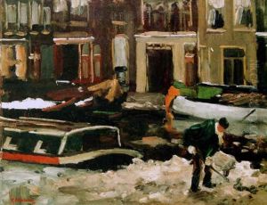 A Man Shovelling Snow By An Amsterdam Canal by Floris Arntzenius