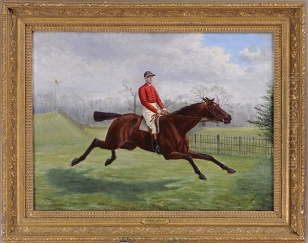Sam Basden In Red Silks Atop A Race Horse - view 1