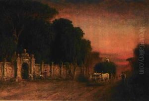 Zwei Bauern Mit Ochsenkarren Passieren Im Morgenrot Eine Alte Stadtmauer by Albert Arnz