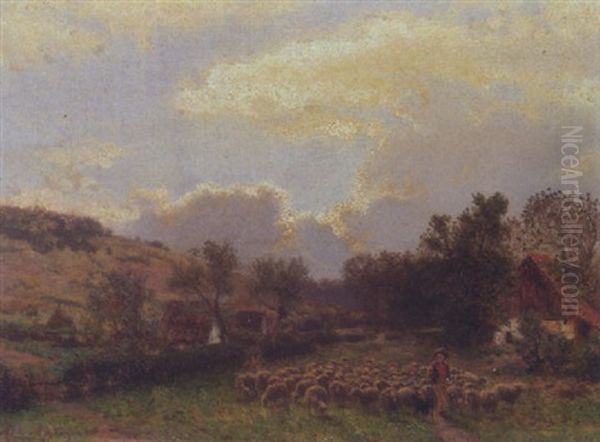 A Shepherd With His Flock Alongside A Cottage - view 1
