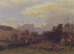 A Shepherd With His Flock Alongside A Cottage by Albert Arnz