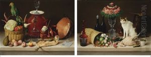 Two Still Lifes: (1) Bodegon (canasta, Perico, Cazo Y Gallina Acostada) And (2) Bodegon (gato, Florero, Licorera, Pollo Muerto Y Taza De Aceitunas) by Jose Agustin Arrieta
