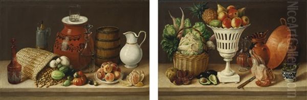 Cuadro De Comedor Con Tinaja De Barro, Barril, Maiz, Verduras Y Frutas And Cuadro De Comedor Con Florero, Pollo, Verduras, Granada Y Aguacates (2 Works) - view 1