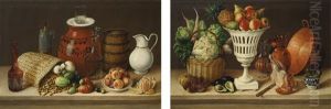 Cuadro De Comedor Con Tinaja De Barro, Barril, Maiz, Verduras Y Frutas And Cuadro De Comedor Con Florero, Pollo, Verduras, Granada Y Aguacates (2 Works) by Jose Agustin Arrieta