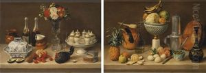 Cuadro De Comedor Con Florero De Cristal, Sopera Azul Y Blanco Y Gallina And Cuadro De Comedor Con Frutero, Jarro Y Cafetera by Jose Agustin Arrieta