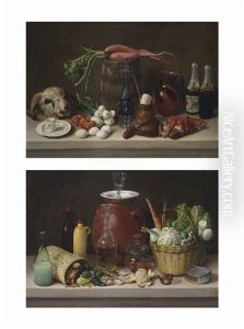 A.) Bodegon Con Cabeza De Carnero, Barril Con Rabanos, Licorera, Visceras Y Taza Con Plato; B.) Naturaleza Muerta Con Canasta (2 Works)