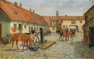 Gardsinterior Med Kavallerister Och Hastar by Johan Georg Arsenius