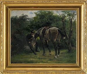 Landskap Med Kavallerist Som Utfodrar Sin Hast by Karl Georg Arsenius