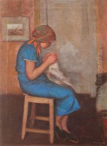 Little Girl Sewing by Constantin Artachino