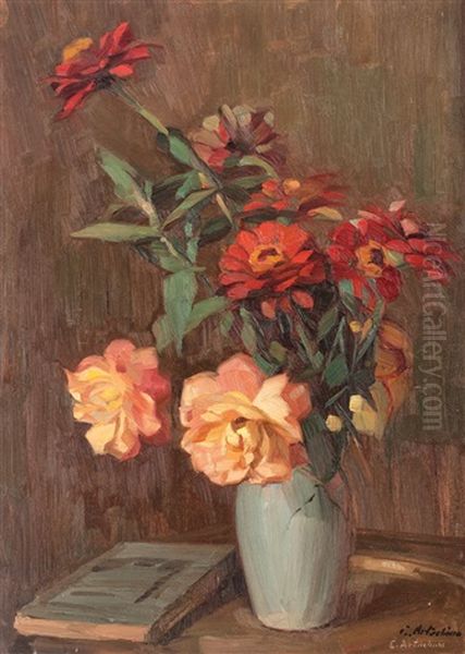 Vase With Roses And Zinnias - view 1