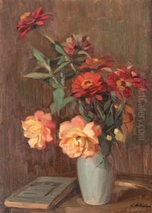 Vase With Roses And Zinnias